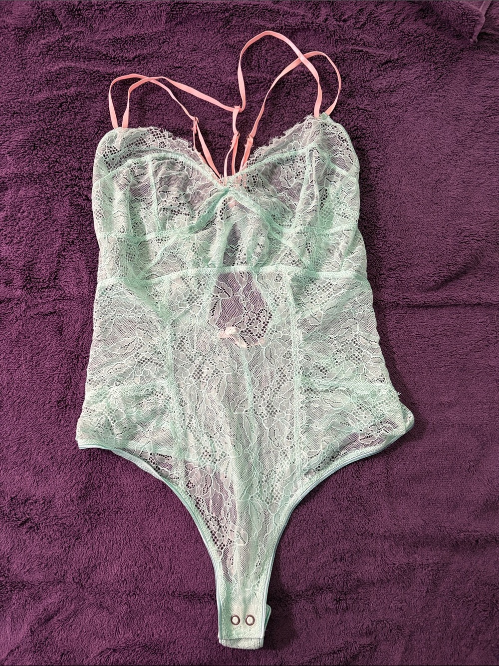 Sheer Mint Lace Bodysuit with Pink Straps